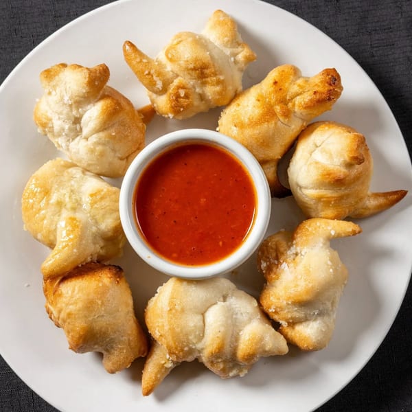 A white plate of golden-brown garlic knots, shaped like pigs, surrounds a small bowl of red marinara sauce.