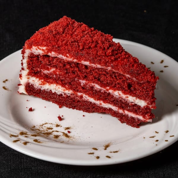 A slice of Vinnie's Pizzeria's red velvet cake with white frosting layers on a white plate.