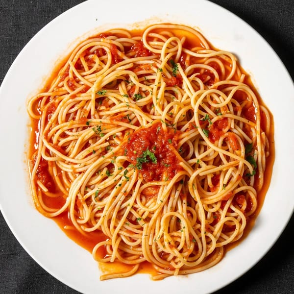 Spaghetti with red tomato sauce and parsley on a white plate at Vinnie's Pizzeria.