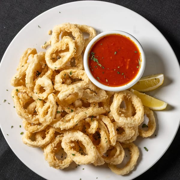 Crispy fried calamari rings with a side of red marinara sauce and lemon wedges on a white plate.