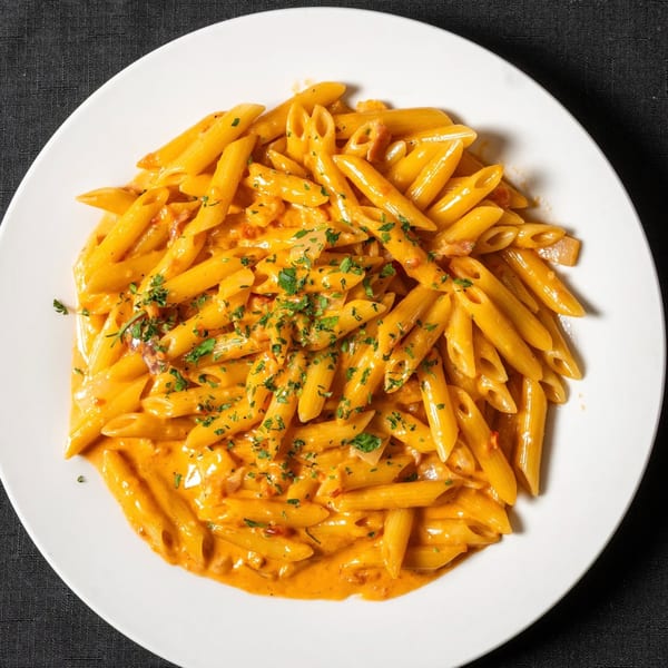 Penne pasta in a creamy orange sauce, garnished with fresh parsley on a white plate.