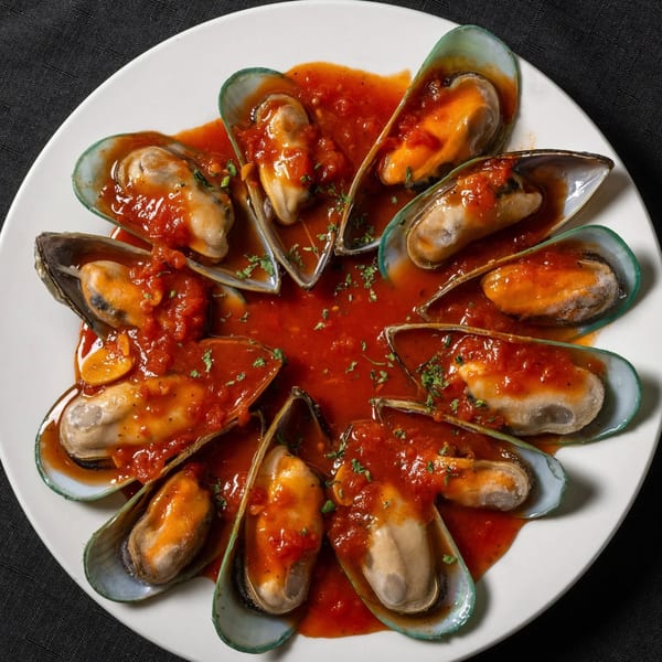 Mussels in vibrant red marinara sauce, garnished with herbs, on a white plate at Vinnie's Pizzeria.