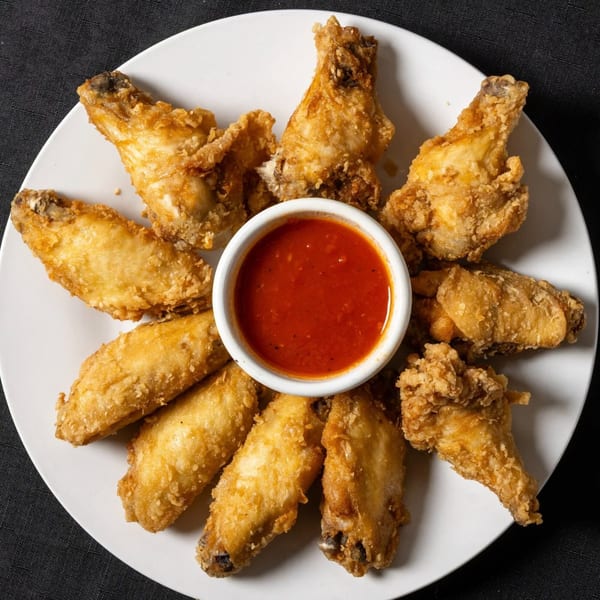 A white plate of golden-brown fried chicken wings surrounds a small bowl of red dipping sauce.