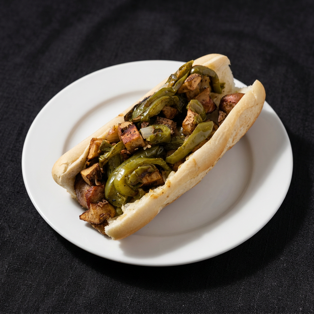 Sausage, Peppers, Onions & Potatoes Sandwich.