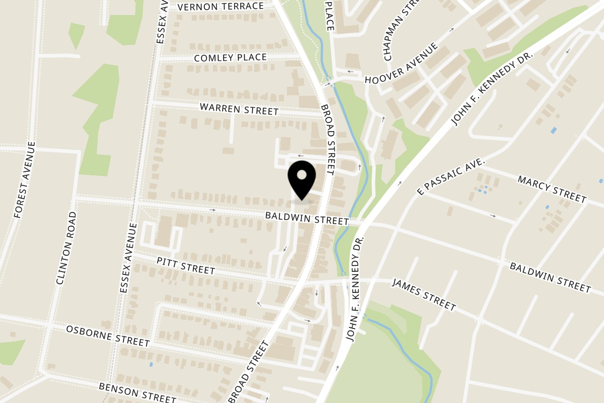 Map showing the location of Vinnie's Pizzeria & Restaurant on 414 Broad St in Bloomfield